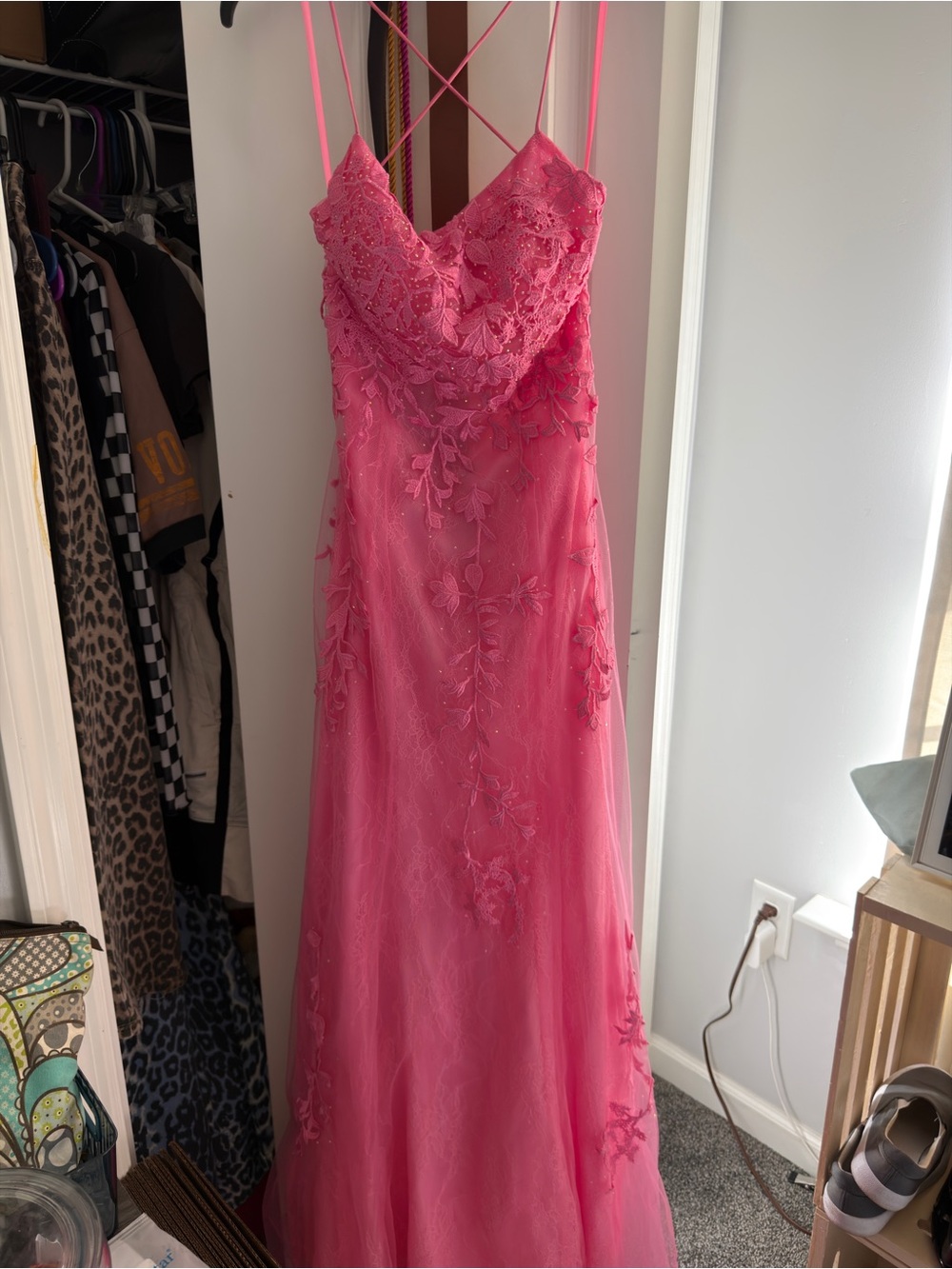 Hot Pink Floral Lace Spaghetti-Strap Prom Gown